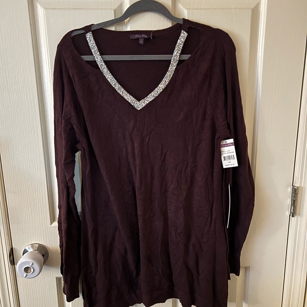 Olivia Sky Embellished Long Sleeve Brown Blouse